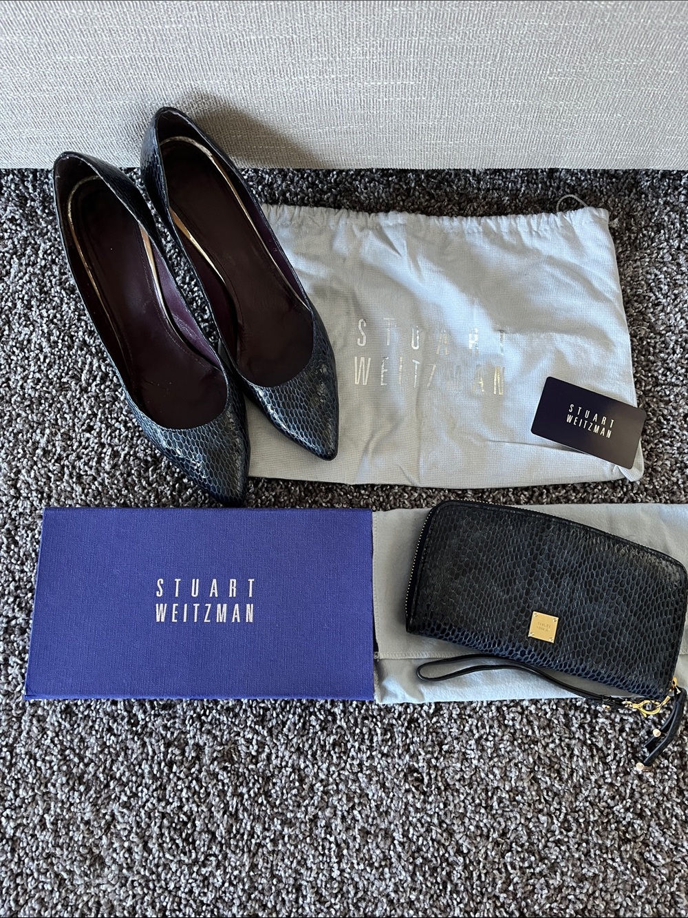 Stuart Weitzman Navy Snakeskin Pointed Pumps with Matching Wristlet
